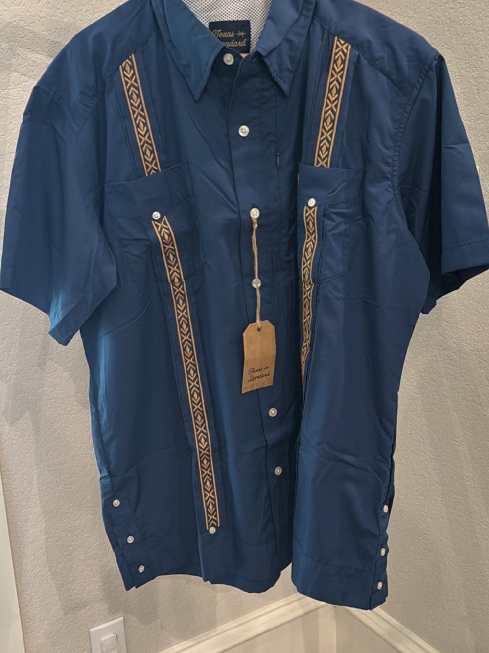 Classic Men's Navy Embroidered Button-Down Guayabera Shirt